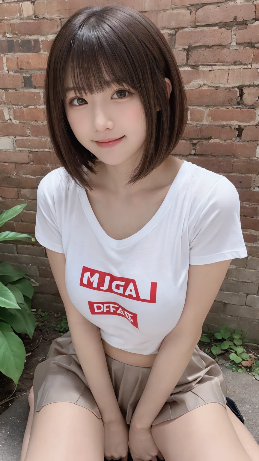 beautiful girl, (cut out, See-through clothes Bust:1.3, Transparent T-shirt:1.3, Very short See-through micro mini skirt:1.3), (16 years:1.3), break, (Old brick wall background), break, Shy laugh, baby faceとても美しい目, (Symmetrical eyes:1.3), break, (D cup breasts:1.2), Brown eyes, Parted bangs, Brown bob cut hair:1.3, Round face, cute, break, (Eyes and face detailed:1.0), Spread your legs:1.3, Shooting from below, pussy line, Camel Toe, Looking at the camera, masterpiece, Best Quality, RAW Photos, Realistic, cute people々, Written boundary depth, High resolution, Very detailedな, detailed, Very detailed, Very detailed, Sharp pupils, Cinema Lighting