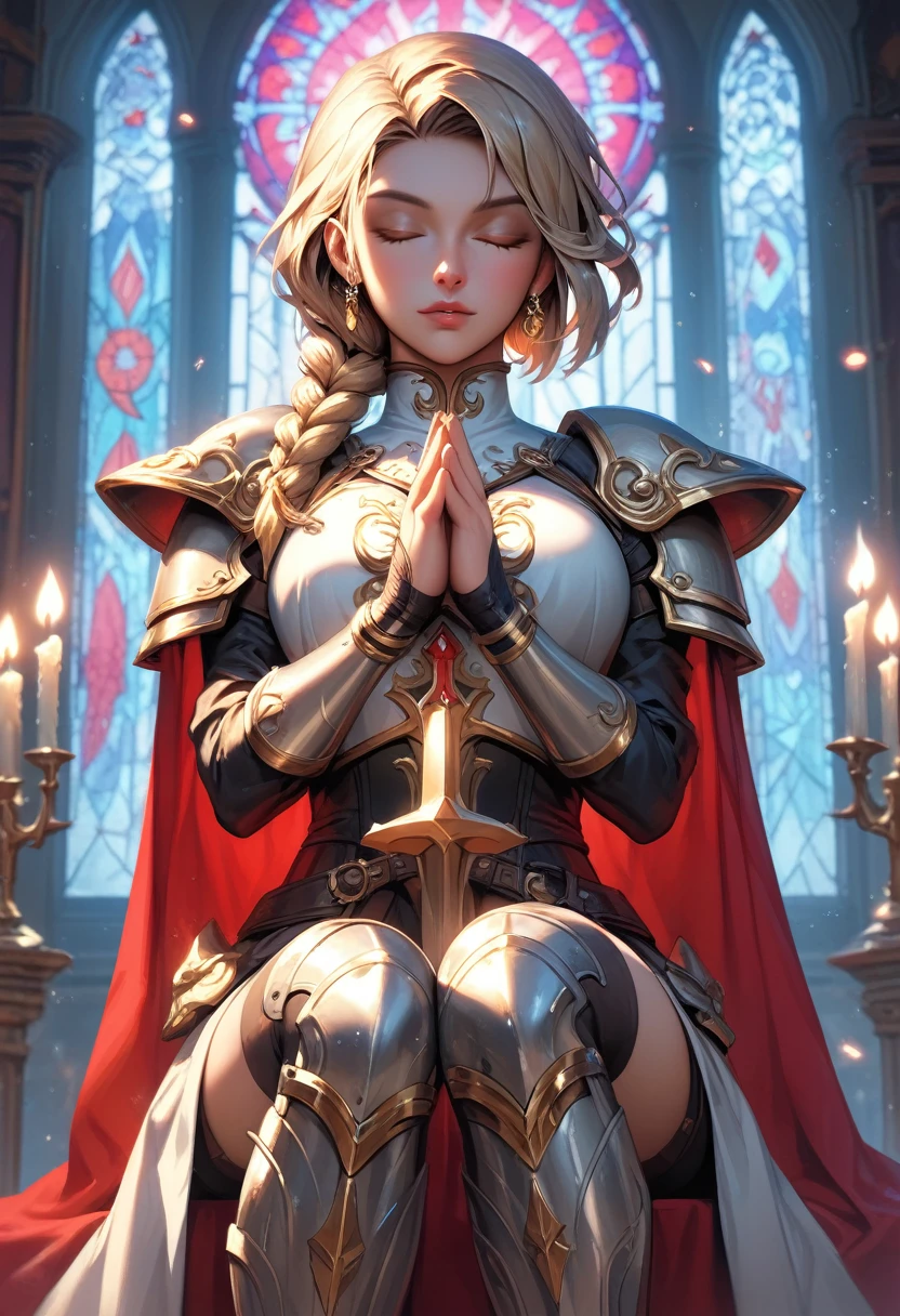 deus ex style, distant shot of paladin woman in ornate armor and red cape praying on her knees, closed eyes, ornate silver armor with big golden shoulder pads, blonde hair with longe single braid, beam of light falls on her body, light made caustic effects because of stained glass windows and dim glowing candles, 