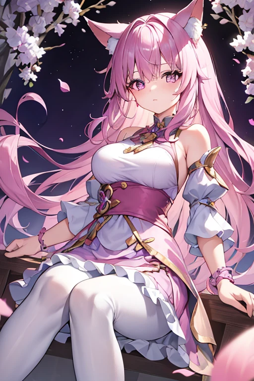 A woman with pink eyes, long pink hair with fox ears. Wears an elegant pink and purple dress. She wears a pink and white leggings. she comes from wonderland