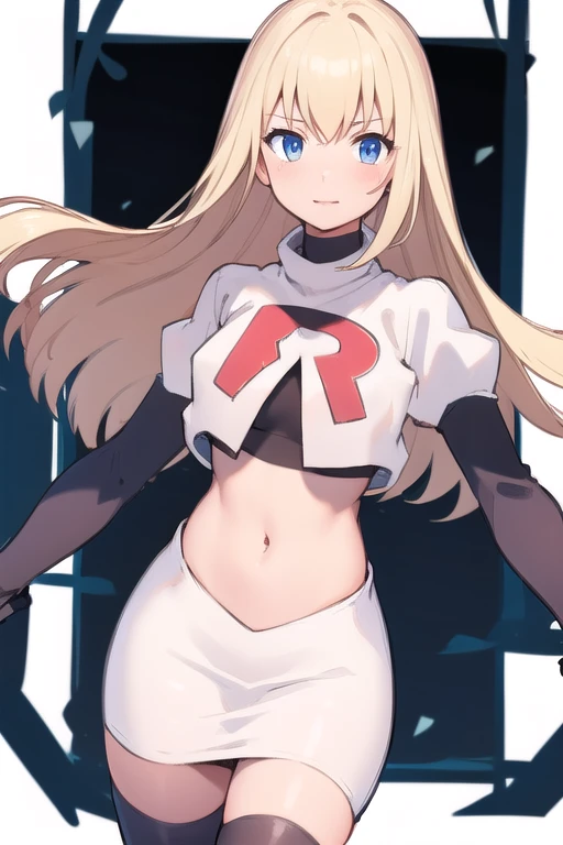 1girl, solo,
 colette brunel, long hair, team rocket,team rocket uniform,white skirt,red letter R,crop top,black thigh-highs,black elbow gloves