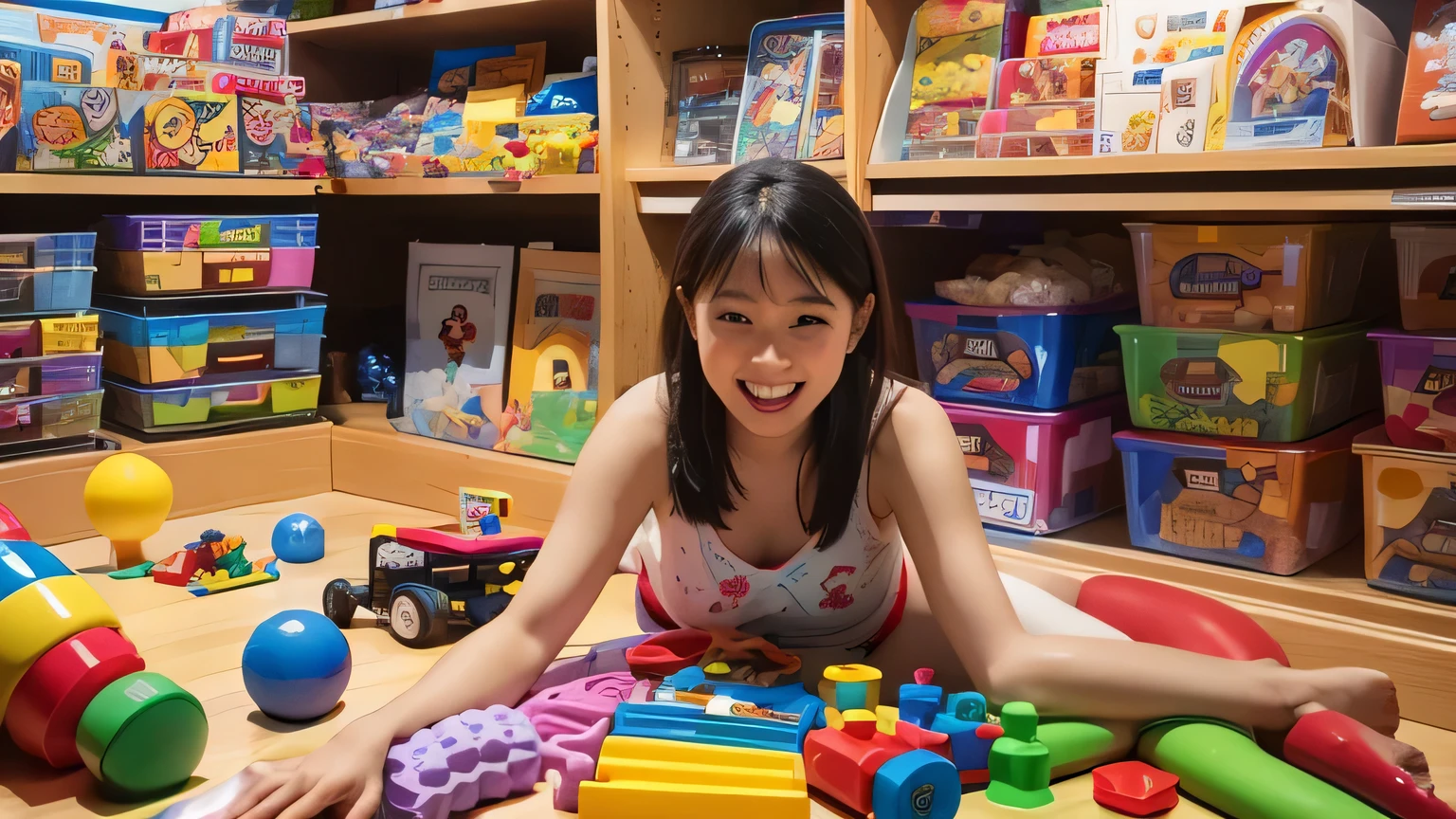 1woman, dressed like a kindergartener, playing with dolls