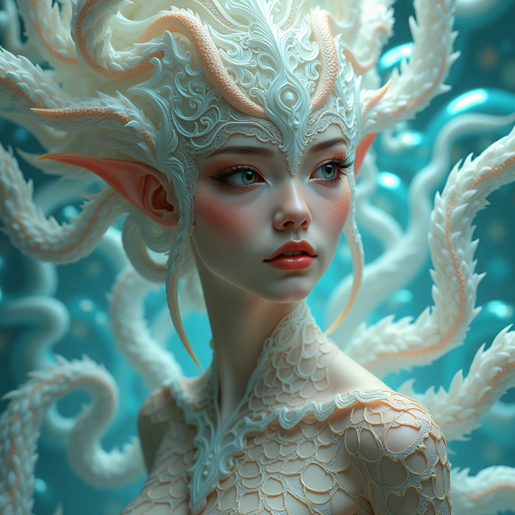 Portrait, (beautiful female alien:1.2), (she has red eyes with no pupils:1.8), (Translucent skin:1.7), (There is a female genital-like organ in the middle of the forehead:1.9), (The most beautiful face in the history of the universe:1.2),an evil gaze that seduces, (large mouth:1.1), (sharp teeth like a vampire:1.2), Full body like, (bio luminescent:1.5), (Smile wickedly:1.3), (sexypose:1.5), alien, No humans, cells are fused, (Lots of translucent tentacles:1.3) extraterrestrial, cell, bio image, Best Quality, 8K,4K_quality, High Definition, Dramatic Lighting, masutepiece:1.5,cinematic quality, detail up, (Intricate details:1.2), High resolution, High Definition, drawing faithfully, (Thick eyebrows:1.2), Beautiful eyes with fine symmetry,(Highly detailed face and eyes:1.2), Intimate face, (Super detailed skin quality feeling:1.4), Perfect Anatomy, (Beautiful toned body:1.5), (Moist skin:1.2), No makeup, (dark circles:1.1), long canines, cinematic drawing of characters, ultra high quality model, cinematic quality, detail up, (Intricate details:1.2), High resolution, High Definition, drawing faithfully, Official art, Unity 8K wall , 8K Portrait, Best Quality, Very High resolution, ultra detailed artistic photography, midnight aura, unreal enginee 5, Ultra Sharp Focus, art by alberto seveso, ArtGerm, Roisch, intricate artwork, best quality, masutepiece, ultra High resolution, (photos realistic:1.4), Ultra-realistic realism, dream-like, nautilus, Creation of fantasy, Snail, Dream Snail, biopunk nautilus, Thrilling color schemes, Ultra-realistic realism, seductively smiling, Blue tentacles,