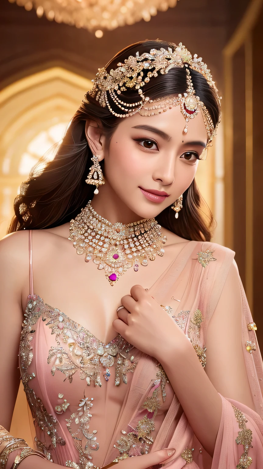 intricate detailed portrait of nora fatehi, indian famous actress, beautiful detailed eyes, beautiful detailed lips, extremely detailed face, longeyelashes, elegant expression, flowing hair, pink indian saree, jewelry, ornate background, (best quality,8k,highres,masterpiece:1.2),ultra-detailed,(realistic,photorealistic,photo-realistic:1.37),vibrant colors,warm lighting,dramatic lighting