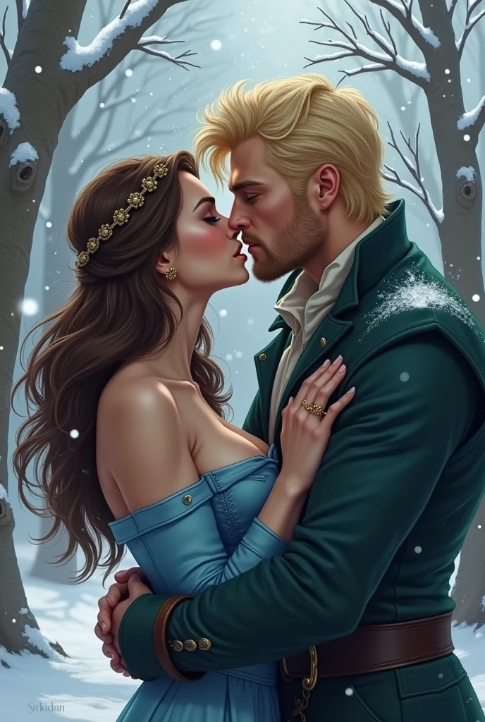 Elsa and group of men, Elsa smiling, playing around, in village, messy hair, elsa being admired by group of men, man grabbing breasts from behind, primitive clothing, nude, large breasts, wide hips, legs spread apart, thighs gap, breasts bouncing, blush