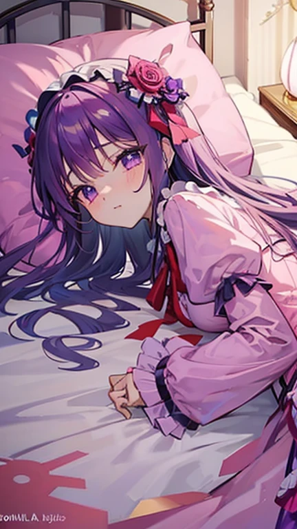 After struggling to put on her purple Lolita outfit, the girl was now lying on the bed panting.