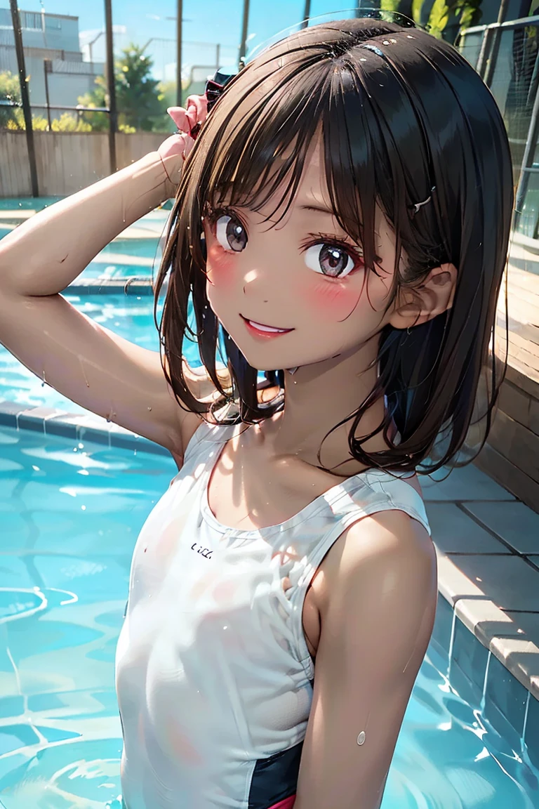 Black Hair、Very short hair、Light grey eyes、(Tanned brown skin)、((Dark Skin))、Flat Chest、thin、small、(Primary school students)、(Red bangs hairpin)、((White competitive swimsuit(translucent)))、Outdoor,Pool、swimming、(((smile)))、(Wet body)