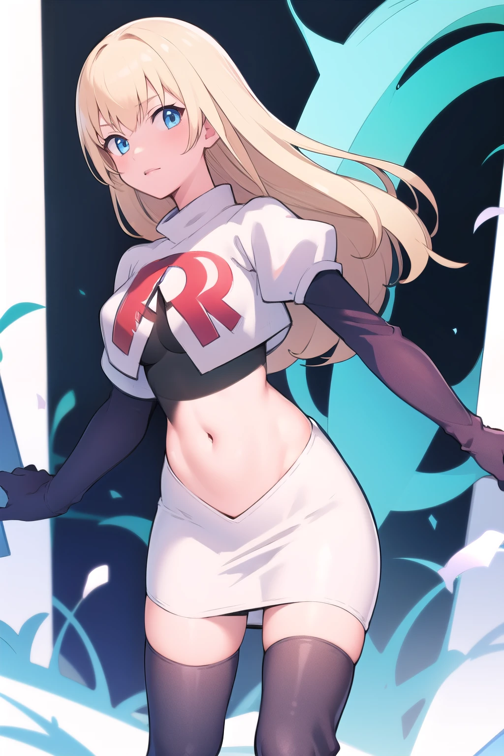 masterpiece, best quality, absurdres, perfect anatomy, 1girl, solo, DianaCavendish, long hair, DianaCavendishBase, team rocket,team rocket uniform, red letter R, white skirt,white crop top,black thigh-highs,black elbow gloves,