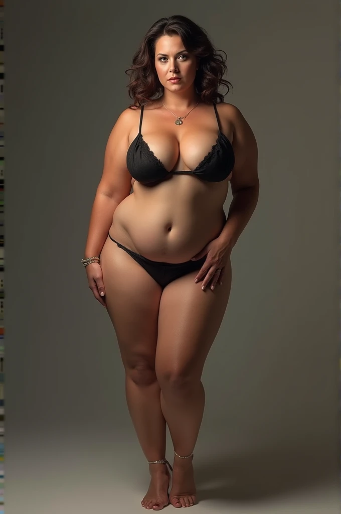 Scarlett Johansson stands tall in a black bra and thong, pose with the butt thrown back, standing on heels in a black bra and thong.hairstyle curly red hair black widow, red hair color, big breasts kate upton, bright makeup eyelashes, plump lips smile, mascara on eyes. In a black shiny bra