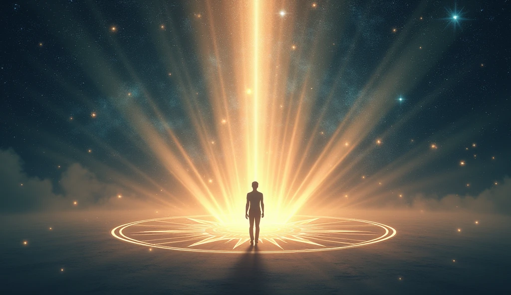 in a futuristic setting, A quantum vibrational extraterrestrial platform with ethereal sine waves and cybernetic codes stands out, emitting an ethereal glow. An aura of a man is inside the platform receiving energy only aura from that human , Cercado por uma aura de luz vibrante que representa seu campo de energia. Hertz bands dance through the air in complex shapes, while the cybernetic vibratory codes flow like rivers of light around the individual. The chakras are visible as spinning vortices of intense colors, each aligning perfectly with the vibratory frequencies. The holographic platform projects a cinematic hologram of the standing human figure, whose body is composed purely of light and energy. Dust particles float in the environment, vibrating in harmony with the waves of energy that permeate space. Strands of ethereal energy intertwine in the air, connecting to the central figure and radiating to the surrounding environment. A quality astral projection is rendered, allowing the individual to explore their own energy field in profoundly transformative ways. Enquanto isso, The platform functions as a cell regeneration room, offering a large genetic healing room where the fusion of extraterrestrial technology and human bioenergy triggers an innovative healing process. As humans connect with technology, State-of-the-art cybernetic implants integrate seamlessly, further enriching the experience. The surrounding environment is a crystal clear room, which amplifies vibrations and creates an atmosphere of transcendence. It's a mesmerizing vision of how technology and energy can come together to explore and enhance the capabilities of the human body and mind, in tune with the vibratory forces of the universe.