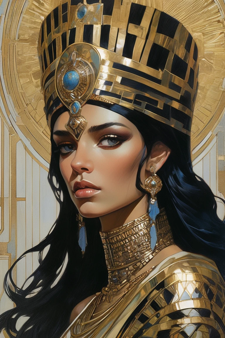 queen on her very sexy throne, engrossed looking down at a large gold coin she is holding in her lap (art inspired by Dave Mckean, intricate details, oil painting)