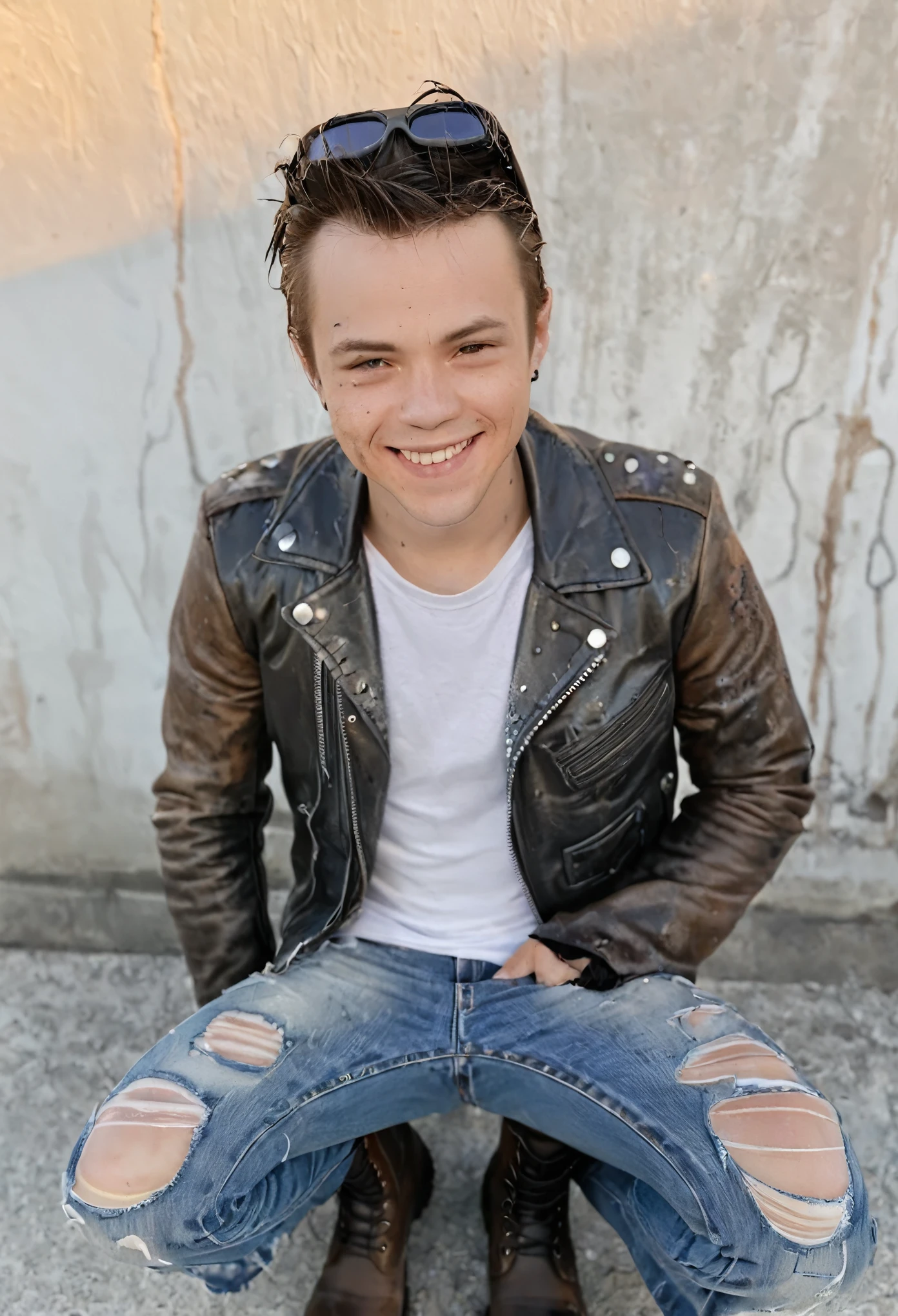 landscape photography of a slim young man as an ((alien diplomat)) with ((long layers haircut)) wearing a (crown), dressed in black leather punk jacket with studs, ripped jeans, combat boots, textured white wall, minimalistic, outdoor lighting, sitting down, smiling, holding a drink, close-up shot, high angle, direct perspective, selfie, magical portal with particles, big depth of field, characteristics of the light, gritty industrial, Earth Tone color palette, water, (front view:1.4), shot on Panasonic S1R with Lumix S 50mm f-1.4, photo by Alvin Langdon Coburn