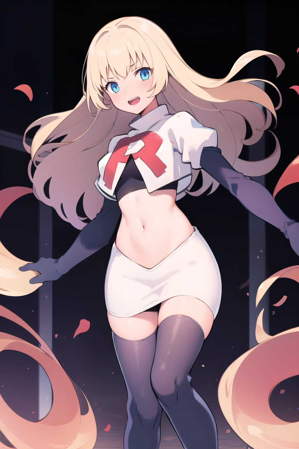 1girl, solo,
 colette brunel, long hair, team rocket,team rocket uniform,white skirt,red letter R,crop top,black thigh-highs,black elbow gloves