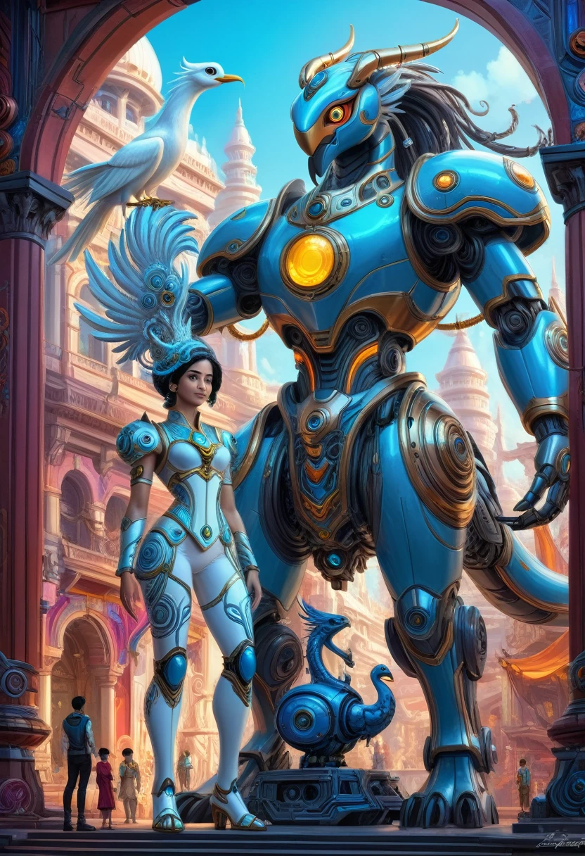 a medium quality digital painting of Aladdin and White Phoenix standing beside an epic robot statue, inspired by Thinking Machine, fantasy, mythical creatures, sci-fi, intricate details, vibrant colors, dynamic composition, futuristic, magical, with a touch of steampunk, digital art, high detail, 4k resolution