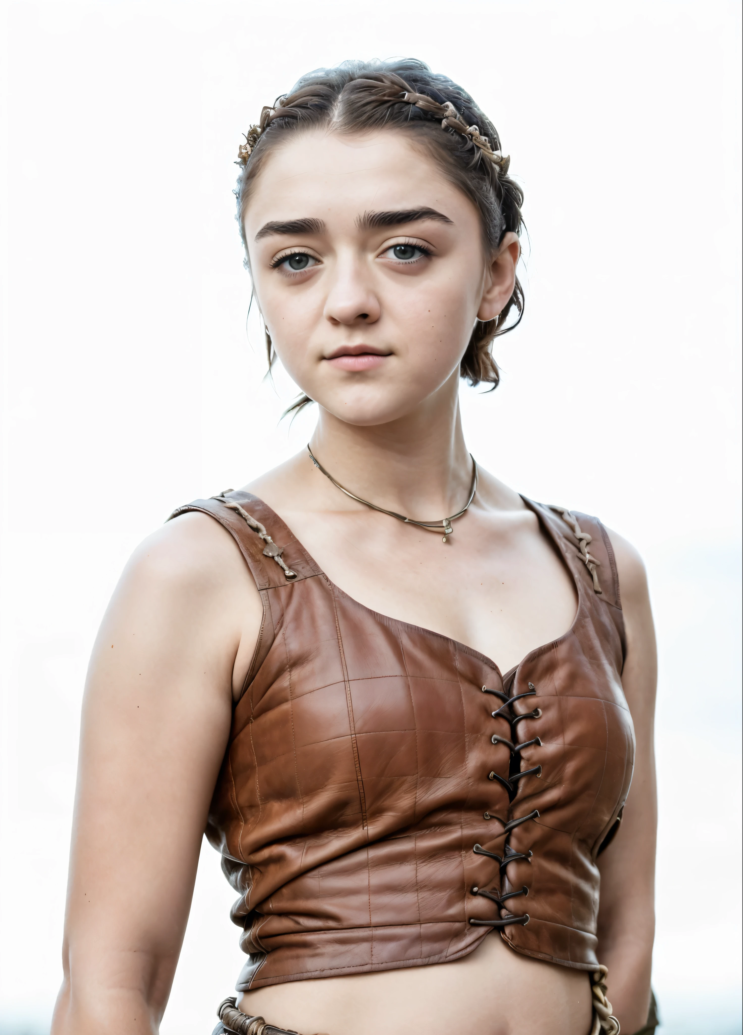 Foto RAW, RAW photograph of Maisie Williams, Arya Stark, enchantress, Extremely gorgeous lady, Arya Stark PLAYED BY MAISIE WILLIAMS, Queen Arya Stark, she  a mature woman now, milf, sexy mediaeval battle dress, gladiator woman, body, 4 Woman, body revealing costumes, perky breast, skin pores, big natural breast, erotic costumes, lusty physique, seductive figure can capture every people's attention, Game of thrones costumes, alluring figure, revealing captivating figure, Mediaeval costumes, revealing clothes, A tomboy, she would rather fence than dance, warrior queen , game of thrones screen caps, Game of Thrones Series, (pele altamente detalhada: 1.2), 8k UHD, DSLR, soft-lighting, alta qualidade, grain of film, Fujifilm XT3, flawless picture, highly detailed skin texture, visible skin pores, detailed Beauty, intricate, 32k, sharp picture,