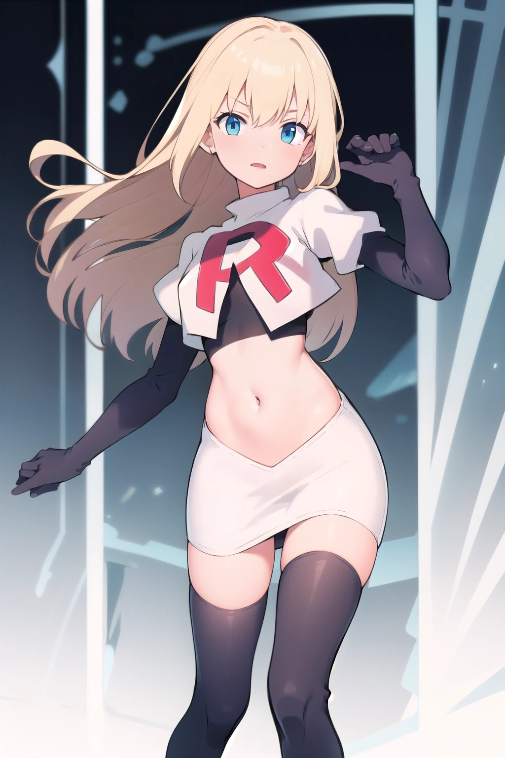 1girl, solo,
 colette brunel, long hair, team rocket,team rocket uniform,white skirt,red letter R,crop top,black thigh-highs,black elbow gloves