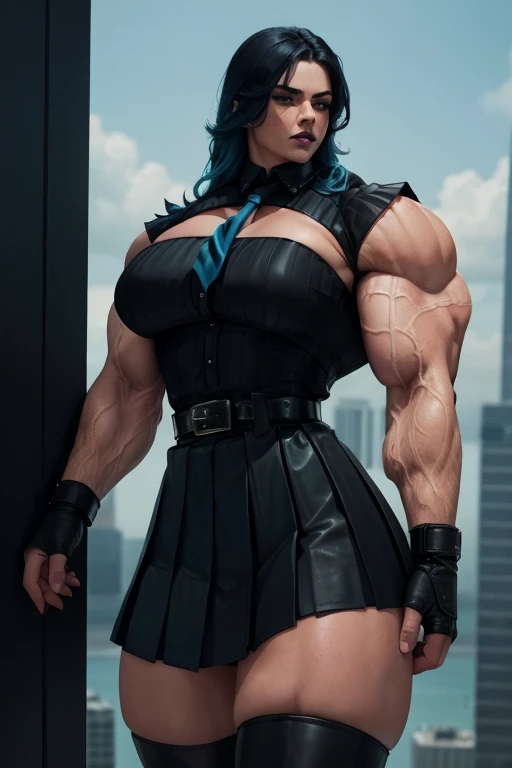((Close-up)), tall, (cyan blue hair) beautiful muscular woman, long beachy hair, pale white skinned, closed smile, (black lipstick), (massive muscles), (hyper muscle), ((ginormous bulky muscles)), purple eyes, ((cyan lace bra)), (((black long pleated skirt with belt))), (fingerless gloves), Jewel choker, (thigh highs), (flexing bicep), morning in college, 