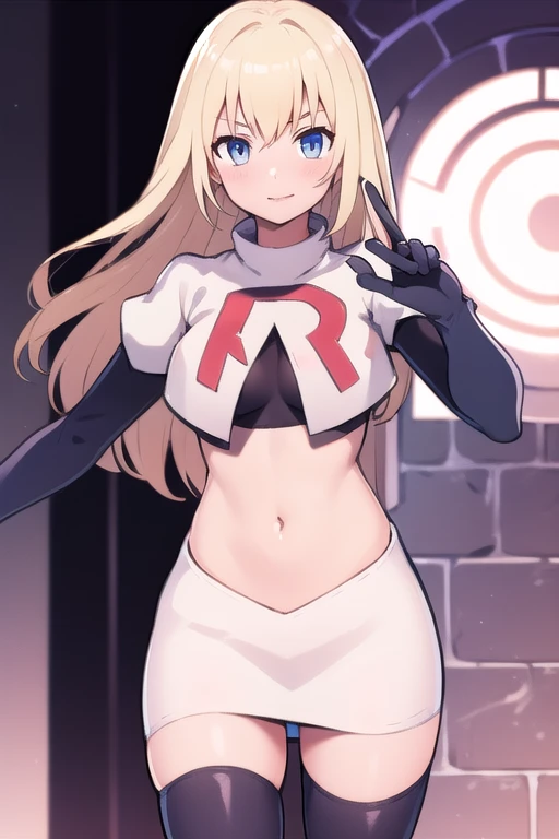 1girl, solo,
 colette brunel, long hair, team rocket,team rocket uniform,white skirt,red letter R,crop top,black thigh-highs,black elbow gloves