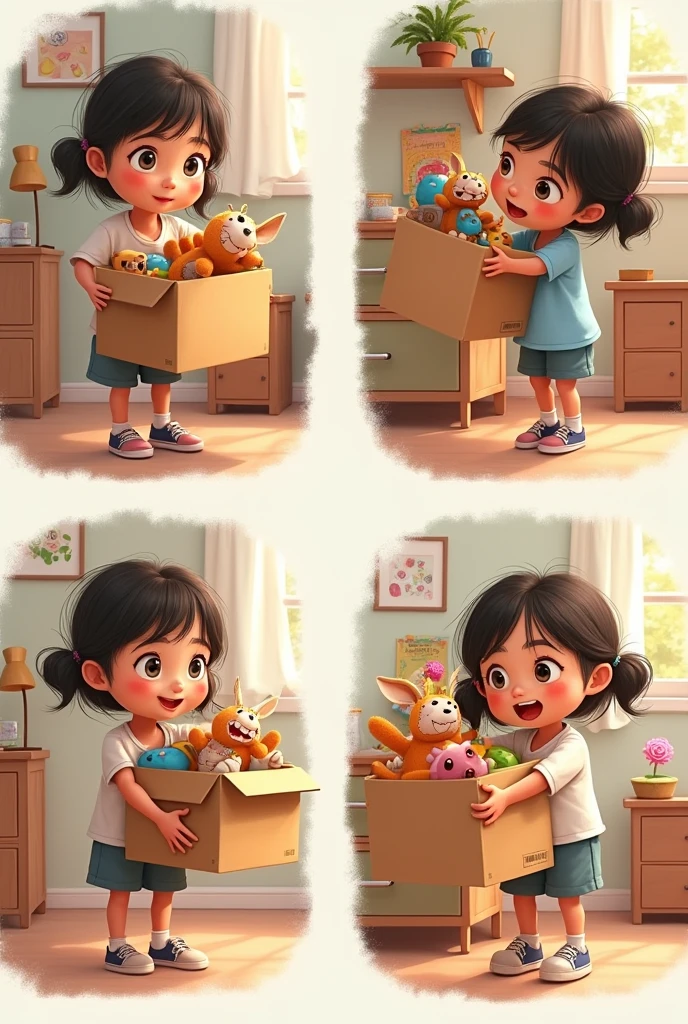 7-year-old Chinnu has collected all her old toys in a carton. The carton weighs around 2 kg Draw Chinnu lifting the box and keeping it in the top shelt of her cupboard
Add humour , expressions , body language in it.