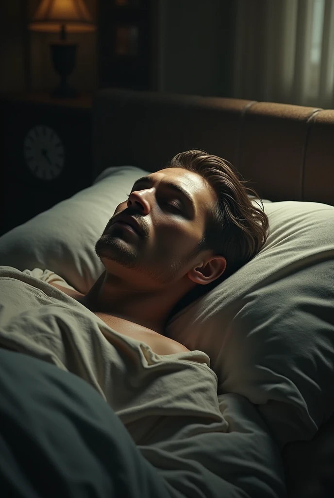 makes image of a white man, 3, model type, with short dark hair, with blue eyes, wearing pajamas buttoned up to the neck, lying on a bed and holding a small glass of red wine.
