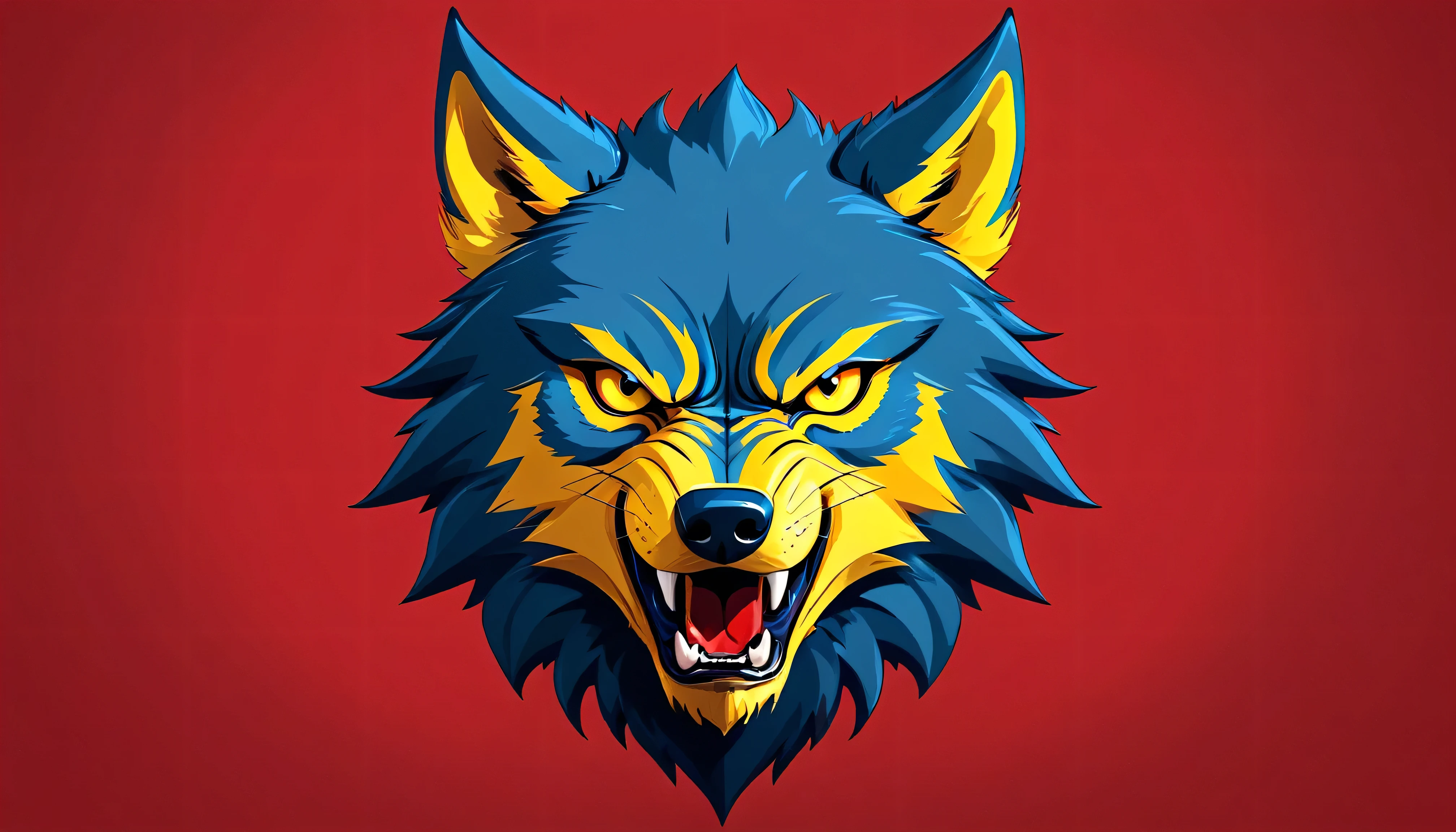 a wolf, cartoon style, angry, ((full head wolf)), ((minimalist)), ((blue and yellow wolf)), front view, (((red background)))
