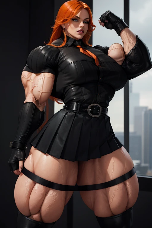 (((((Massive, beautiful, buff, pale white skinned muscular asian woman with red hair, black lipstick, ginormous bulky muscles and wearing a beautiful black long-sleeved turtleneck sweater with black pleated skirt))))), (close view), (massive muscles), hyper muscles, long hair, ((chained belt)), yellow eyes, choker, ((black long-sleeved turtleneck sweater)), (beautiful pleated skirt), belt, black boots, (in the Star beautiful village), closed smile, night, ginormous muscles