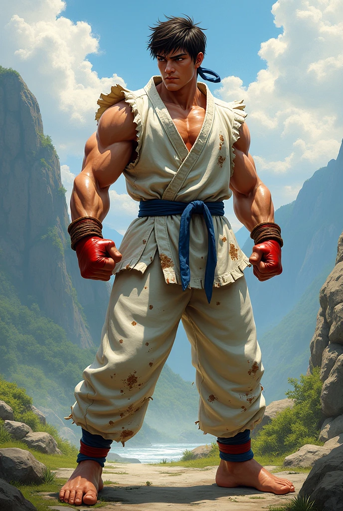 street fighter old man character concept (( super strong )), masterpiece, best quality, ultra-detailed, ground, destroyed city background, shadows, contrast, clear sky, analog style (look at viewer:1.2) (skin texture) (film grain:1.3), ultra-high resolution, octane render, 16k