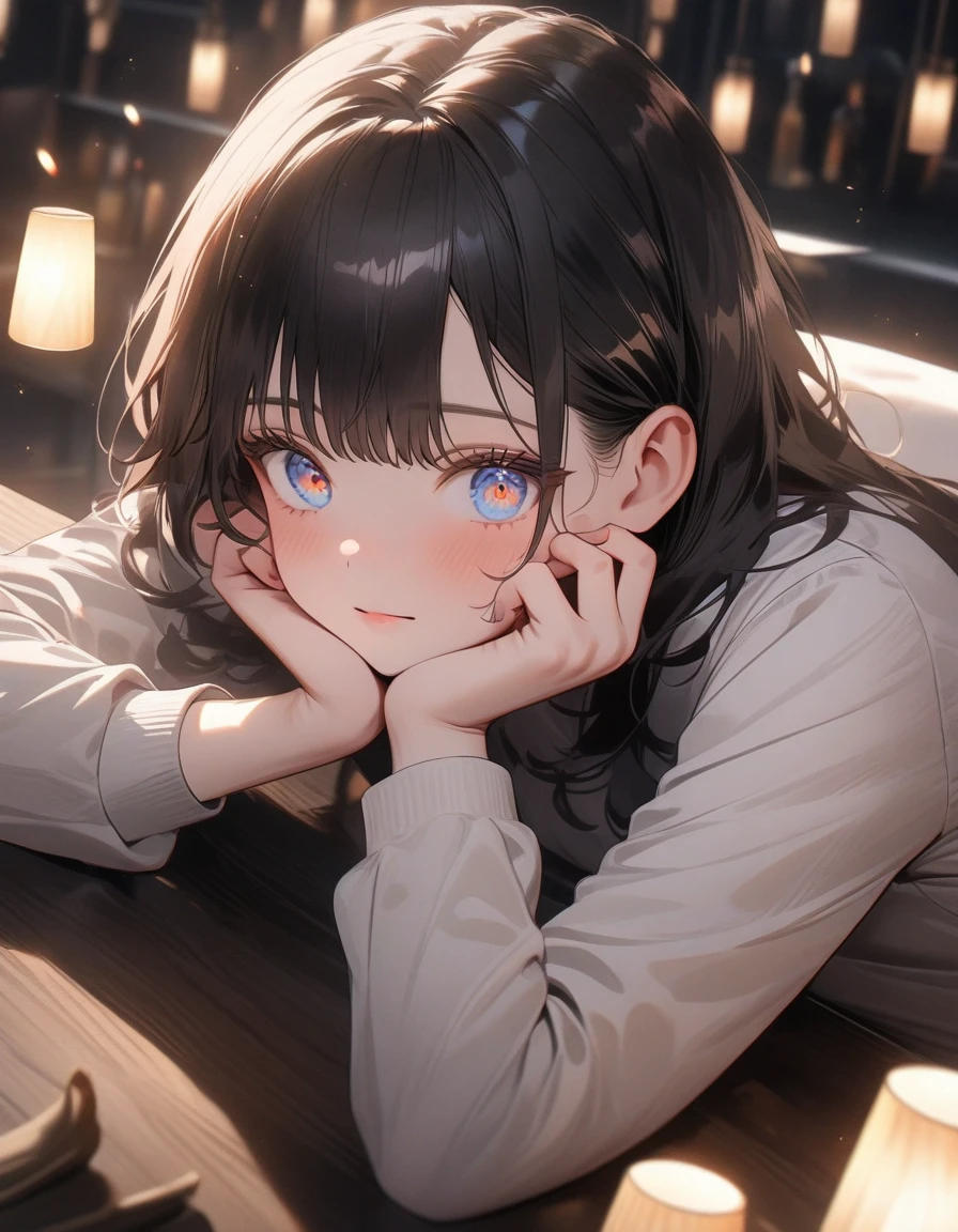 tmasterpiece, beste-Qualit, filmstill, 1 girl, She is wearing a lilac sweater with a picture of tea in the middle, black tights, medium black hair, slightly dyed purple;, blue eyes, a closeup of a, The vibrant, a happy, warm soft lighting, Sundown, (sparks: 0,7)
