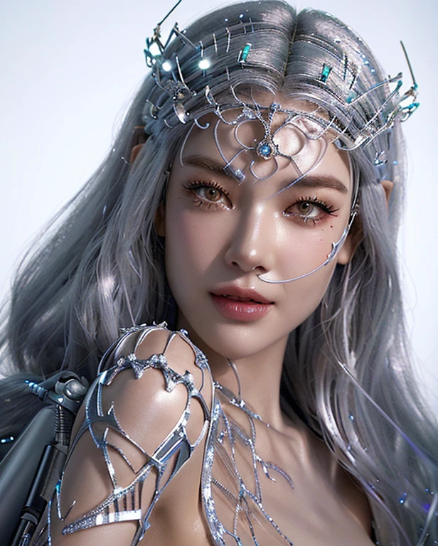 a close up of a woman with a silver hair and a crown, cyborg - girl with silver hair, portrait of a cyborg queen, hyperdetailed fantasy character, ultra realistic fantasy tiara, cyborg fashion model, 3d render digital art, cyberpunk robotic elvish queen, fine cyborg lace, intricate cyberpunk make - up, intricate chrome headdress, detailed digital 3d art