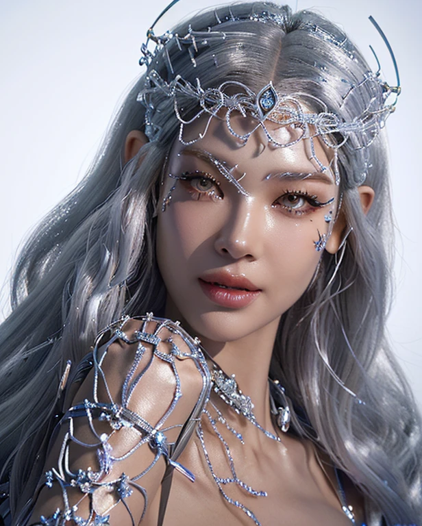 a close up of a woman with a silver hair and a crown, cyborg - girl with silver hair, portrait of a cyborg queen, hyperdetailed fantasy character, ultra realistic fantasy tiara, cyborg fashion model, 3d render digital art, cyberpunk robotic elvish queen, fine cyborg lace, intricate cyberpunk make - up, intricate chrome headdress, detailed digital 3d art