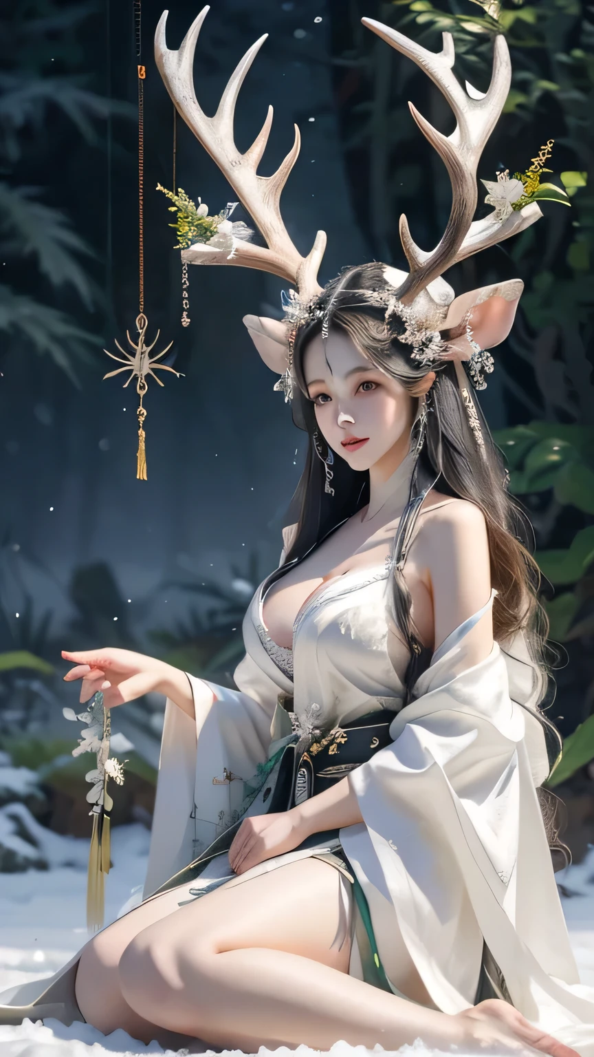 beautiful girl, long hair, hair ornament, deer antlers, deer ears, anime cosplay girl, kneling, hanfu, (big breasts:1.3), cleavage, japanese goddess, xianxia, ​​chinese goddess, stunning beauty,smooth, shiny white thighs, white hair, winter, kneling on snow, open legs, white deer princess, antler decoration,