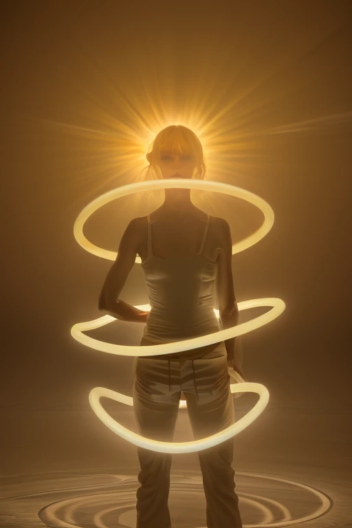 an image that presents three distinct elements representing different aspects of a being. To the left (a luminous, rotating shape with fiery, golden tones symbolizes the 'Spirit'). No centro, (a silhouette that glows with a warm, ethereal light to represent the 'Perispirit', um espectro de luz). On the right (realistic human figure with neutral tones and detailed anatomy to signify the 'Physical Body'). Each element has its own space, but also aligns in such a way that they can be layered on top of each other to form a coherent entity. (melhor qualidade,4k,8K,high resolution,Obra de arte:1.2),ultra-detalhado,(realista,photorealista,photo-realista:1.37)