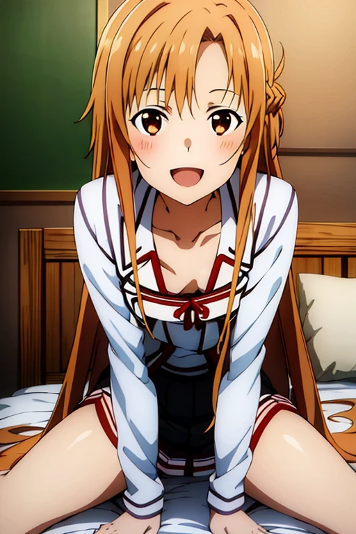 ((Best Quality)), ((masterpiece)), (be familiar with), Perfect Face, indoor, bedroom, Watching the audience,
One woman, Yuuki Asuna,
Open Mouth, Ecstatic expression, blush, smile,
Small breasts, Flat Chest, , , child, Girl,
Long Hair, Long Hair,
Leg spread,