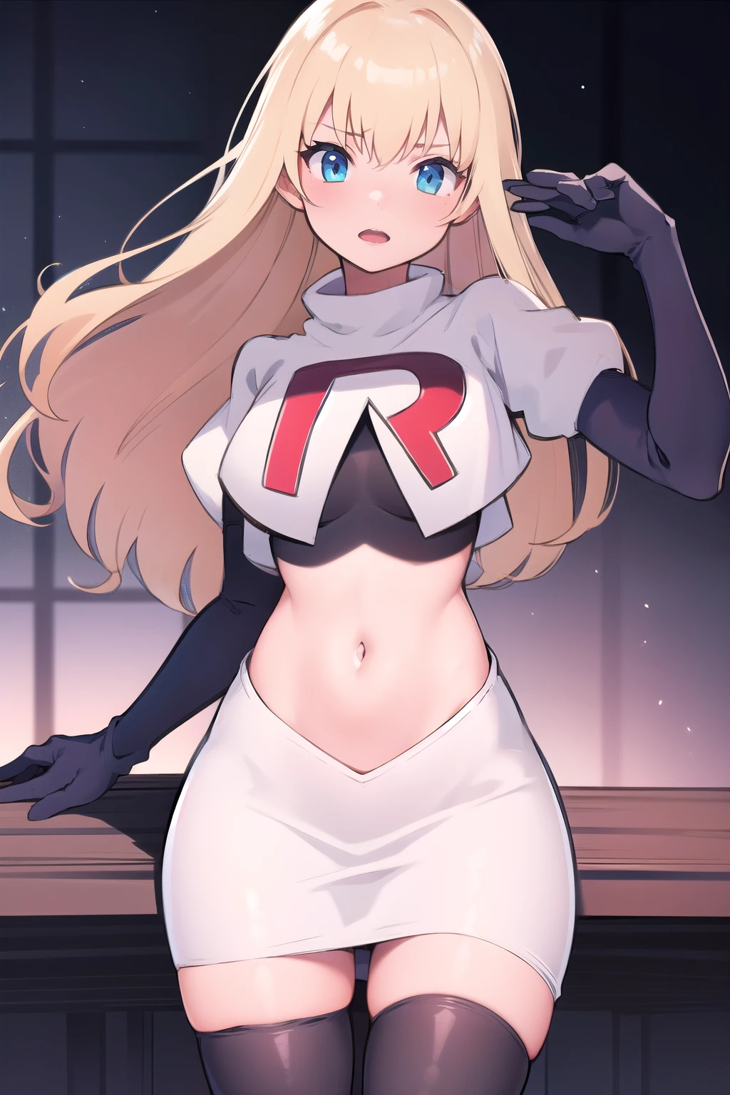 1girl, solo,
colette brunel, long hair, team rocket,team rocket uniform,white skirt,red letter R,crop top,black thigh-highs,black elbow gloves