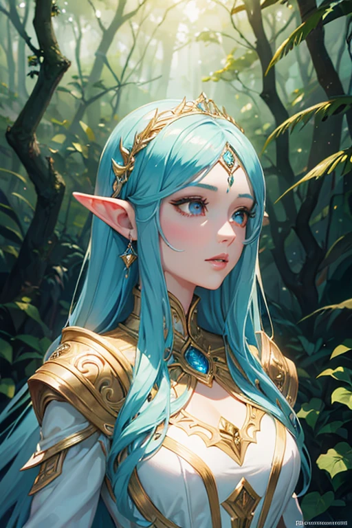 a fantasy forest with an elf, beautiful detailed eyes, beautiful detailed lips, extremely detailed face and eyes, long eyelashes, intricate fantasy landscape, glowing mushrooms, ethereal lighting, lush vegetation, ornate architecture, magical atmosphere, vibrant colors, dramatic lighting, photorealistic, 8k, hyperdetailed, masterpiece