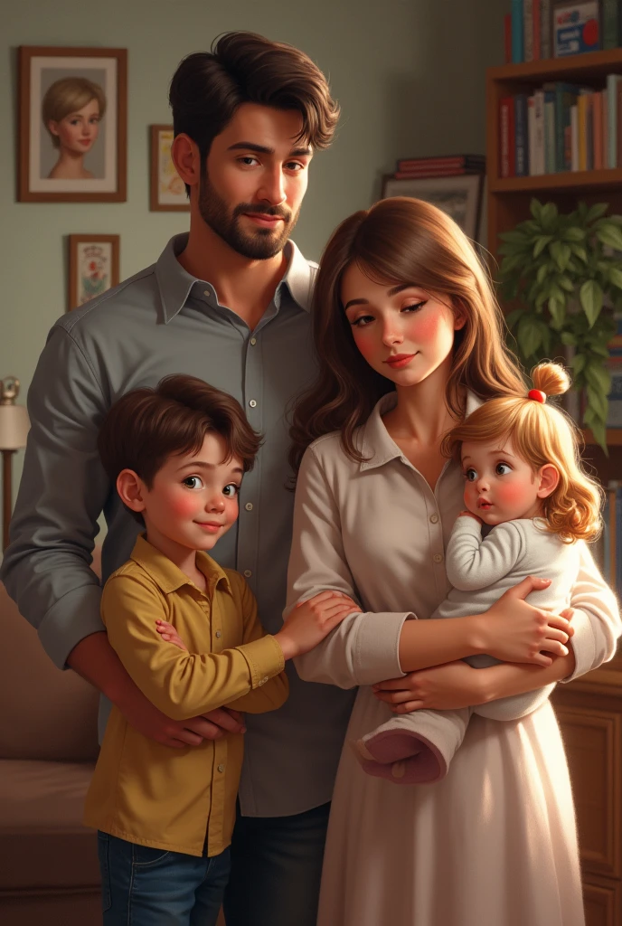 family consisting of 4 people, one of whom is a white man, chestnut hair, charming smile formal wear green eyes, black woman wavy brunette hair with highlights, light brown eye, a child in white, Green Eye, medium brown hair and a 3 month old brunette baby, photo background a backyard of a house