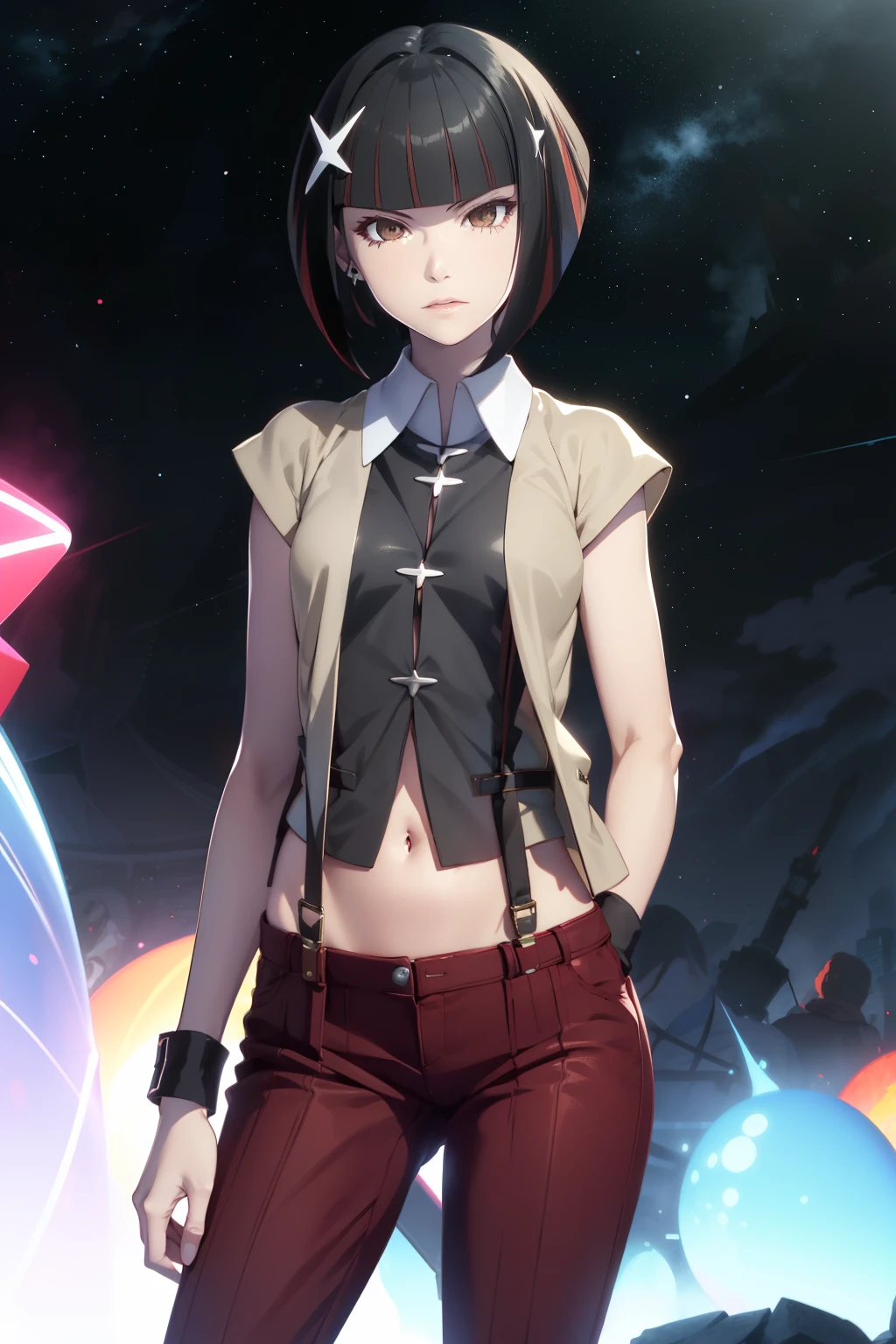 1girl, Alone, kagenuiyozuru, short hair, bob cut, bangs, multicolored hair, red hair, black hair, streaked hair, brown eyes, star hair ornament, navel, shirt, red pants, Wristband, jacket, short sleeves, suspenders, heels, black footwear, platform footwear、Random Pause、Upper Body