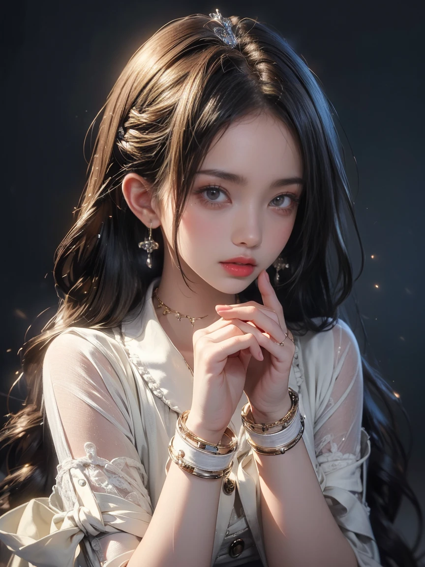 tmasterpiece、top-quality、portrait of one girl、hair adornments、a necklace、jewely、beautiful countenance、after sexing_Body、Tindall effect、Photorealsitic、Dark Studio、rim lit、twotonelighting、(High-detail skin:1.2)、8K  UHD、Digital SLR, softlighting, high high quality, voluminetric lighting, Frankness, A picture, A high resolution, 4K, 8K,