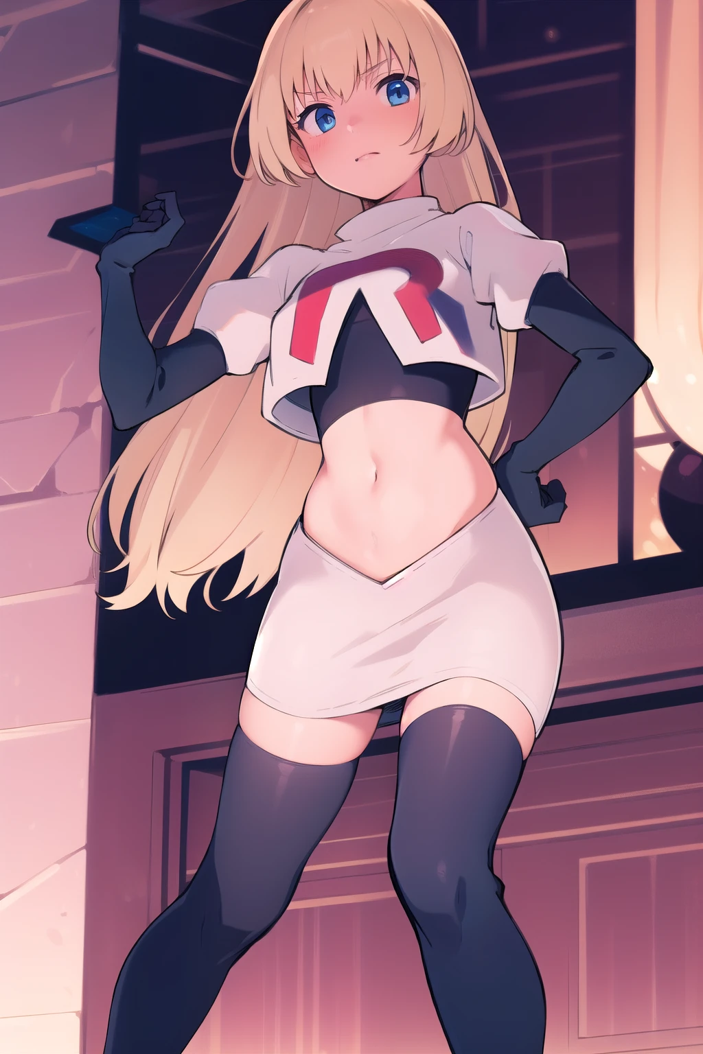 1girl, solo,
 colette brunel, long hair, team rocket,team rocket uniform,white skirt,red letter R,crop top,black thigh-highs,black elbow gloves