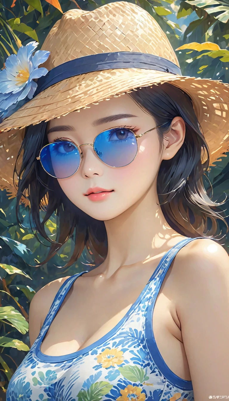 masterpiece, best quality, Highly detailed, Highly definition, beach party scenary, 1girl, 20s,  gorgeous face, beautiful nose, detailed eyes, beautiful eyes, Red long hair, using Sun glasses, Waring Summer outfit
