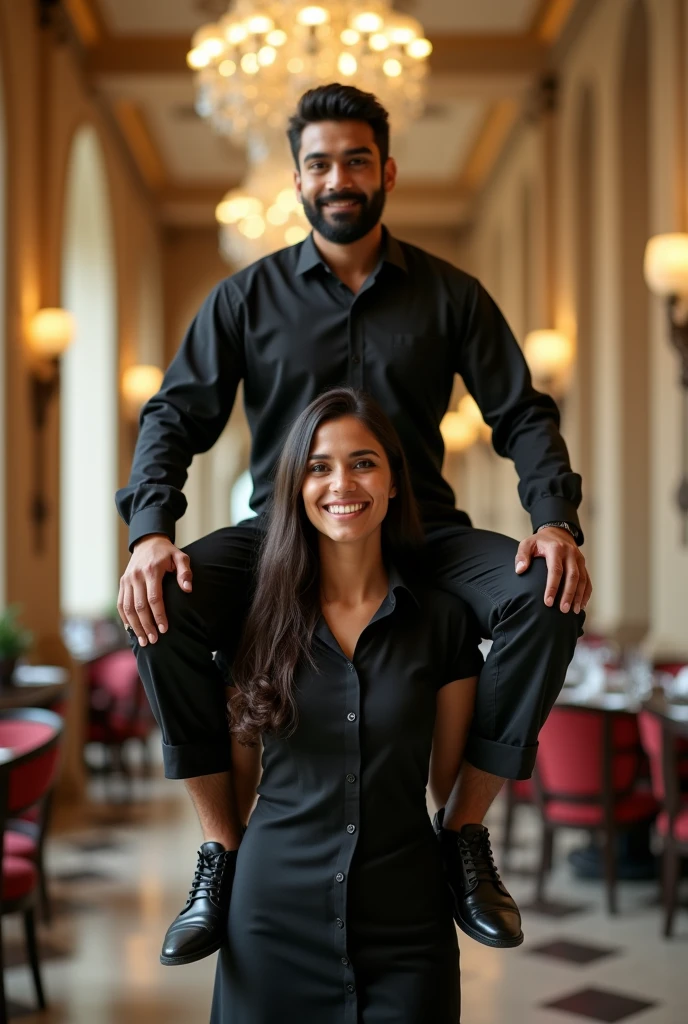Beautiful Indian woman in black suit lifting a large chubby man high above her head with her strong arms. Photorealistic. At home terrace, natural smile