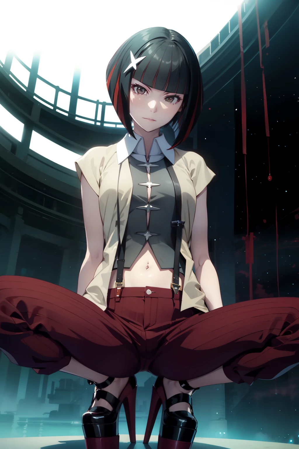 1girl, solo, kagenuiyozuru, short hair, bob cut, bangs, multicolored hair, red hair, black hair, streaked hair, brown eyes, star hair ornament, navel, shirt, red pants, wristband, jacket, short sleeves, suspenders, heels, black footwear, platform footwear、(spread legs,m legs)、足を開いてしゃがんでいる