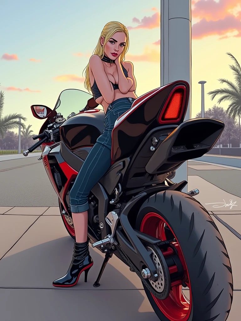 (masterpiece),(Highest quality:1.2),(Super detailed),(High resolution),(An illustration),8k,wallpaper,One female,A female event companion posing in front of a motorcycle,Beautiful ass reflecting the ass,Beautiful Skin,Functional,(look back),motor Show,leotard,High heels,(((hands))),(From the back)