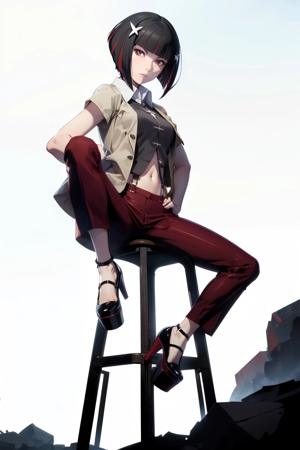 1girl, solo, kagenuiyozuru, short hair, bob cut, bangs, multicolored hair, red hair, black hair, streaked hair, brown eyes, star hair ornament, navel, shirt, red pants, wristband, jacket, short sleeves, suspenders, heels, black footwear, platform footwear、(spread legs,m legs)、足を開いてしゃがんでいる