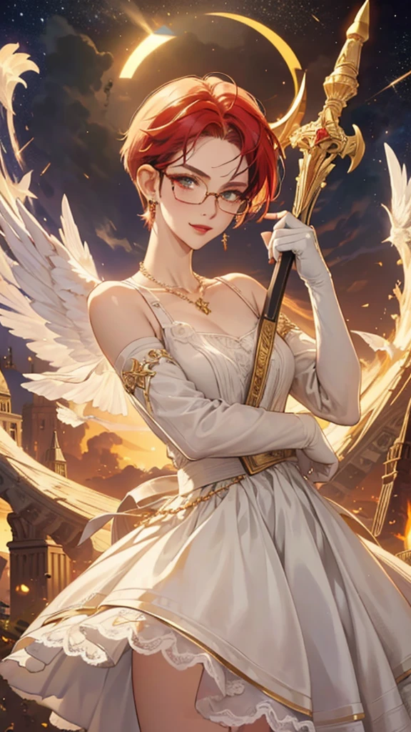 8k, masterpiece, best quality, highly detailed, 1 girl, tiefling, warlock, devil horns, pixie cut, multicolored hair, very short straight hair red highlight hair on white hair, strippled hair, wearing glasses, round glasses, earrings, red eyeshadow, long eyelashes, blushed cheek, red lips, pearl necklace, rings, collarbone, mole on face, glamorous, white and gold clothes, sleeveless, laced dress, smirk, close up view, rings, looking at viewer, solo, holding sword, sword point to the sky, starry sky, radiant gold moon, standing, golden halo, white lace gloves, heavenly scene, halo, holy palace in background.