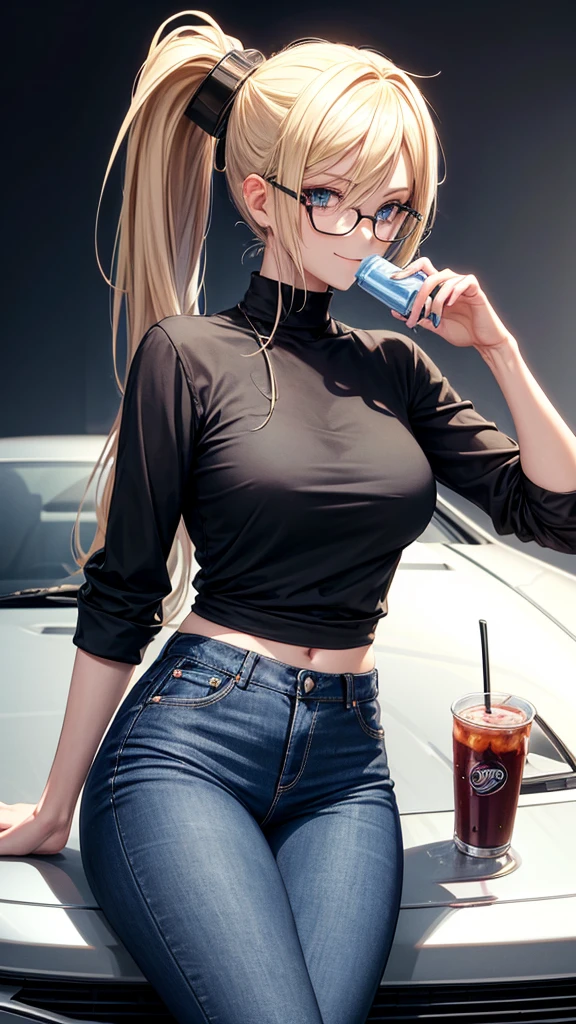 Realistic Asian girl with big breasts, wearing a crop top and red lipstick and eyeglass also her hair is blond and braided and her cleavage is visible.