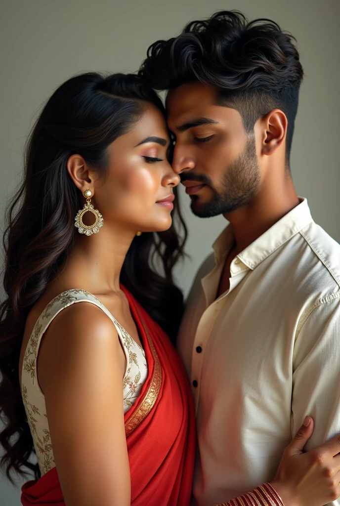 There is a 22-year-old Indian girl she is red wearing a lehenga and is sitting on her boyfriend's lap and is absolutely passionate sexy look