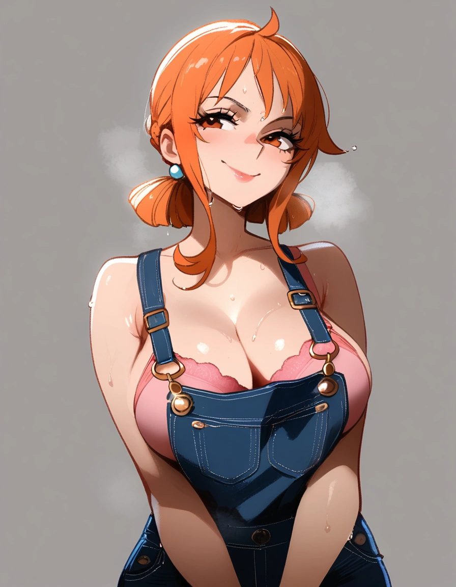 1girl, nami \(one piece\), one piece
\\\\\ masterpiece, best quality, newest, ///// nyantcha, khyle, cutesexyrobutts \\\\\ highres, absurdes. , solo, wet, sweat, shiny skin, straight-on, big breasts, naughty face, three quarter view, grey background, simple background, cropped, v arms, overalls, naughty smile, skinny, upper body, pink bra under clothes
