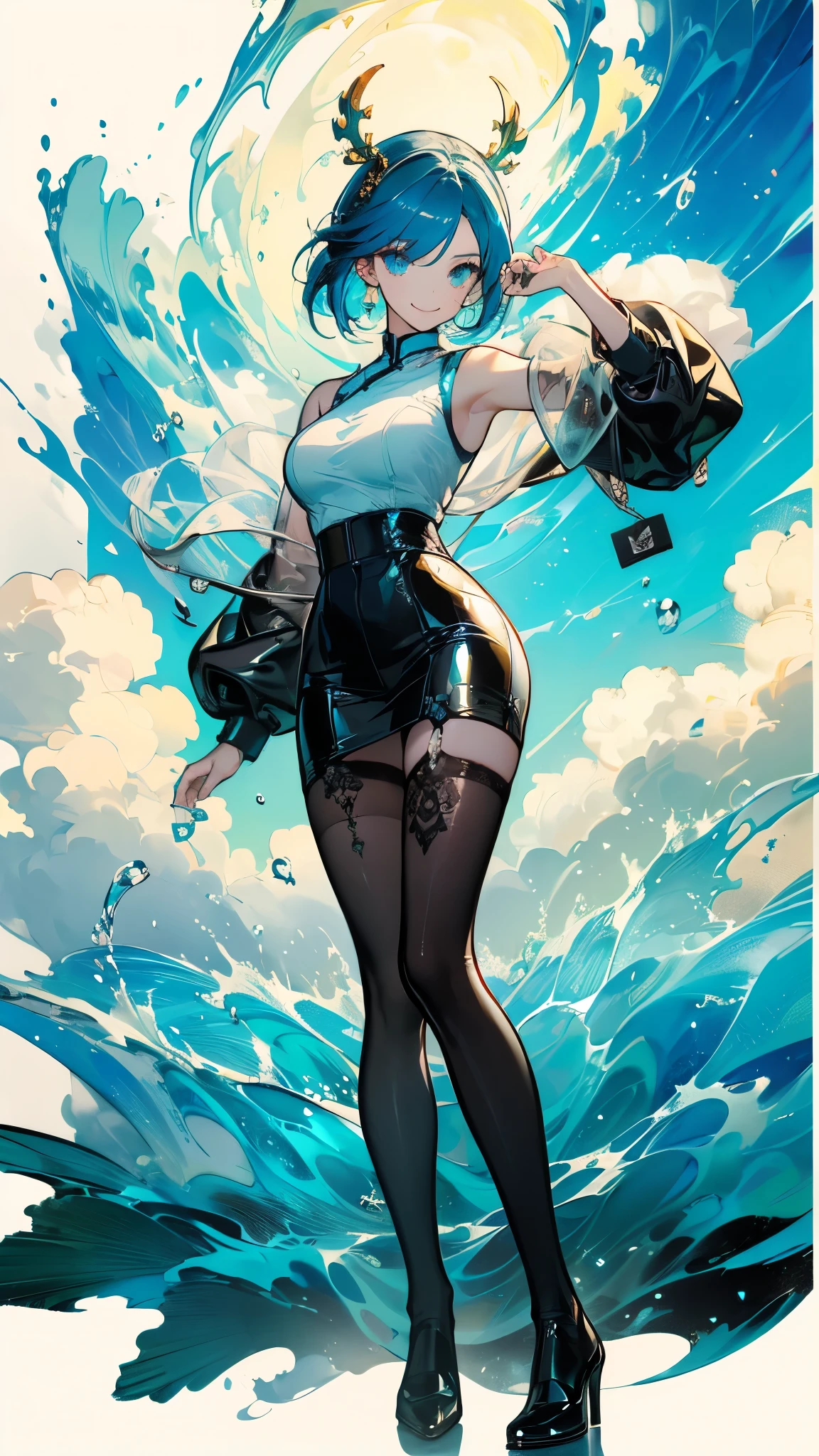 ((masterpiece, best quality)), Delicate face，goddess，whole body，Long legs，Standing picture，Perfect body proportions，Long wavy hair，beautiful eyes，Fantasy style，Extremely beautiful，Pure white background，Water Ripples，transparent，Sexy Lingerie，chain