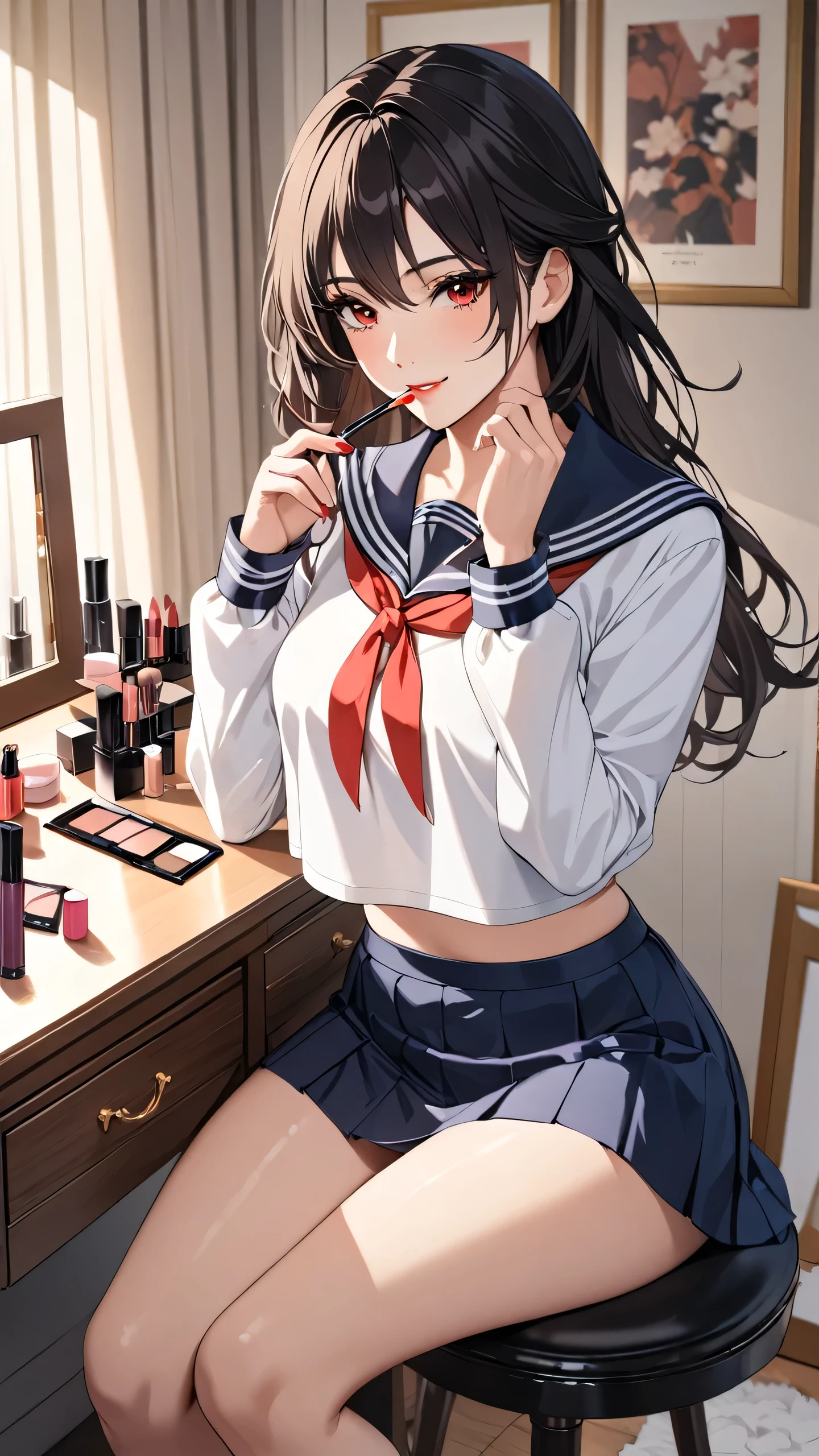 Highest quality masterpiece High resolution masterpiece, black messy hair, Red Eyes, , wearing long sleeves sailor uniform, seductive smile, tight, bedroom, crop top ovehang, mature female, , skirt, , doing make-up, sexy body, sitting in front of the dressing table
