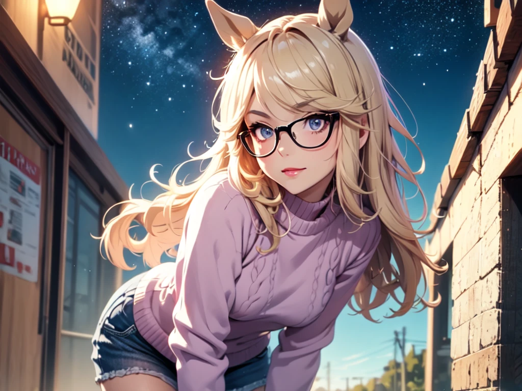 solo、alone、Horse ear woman、Leaning forward、Wearing glasses、Pink lipstick、Cheek makeup、(Cable knit sweater)、Knee-high socks、Hunting hat、Night starry sky、Strong winds、Center of chest、smug face、Cut-in、anime、UHD、masterpiece、correct、Super detailed、high detail、Awards、Best Quality、High resolution、8k